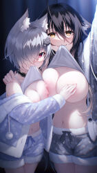 Rule 34 | 2girls, absurdres, ahoge, animal ear fluff, animal ears, asymmetrical docking, black collar, black hair, blush, breast press, breasts, cat hair ornament, clothes in mouth, clothes lift, collar, covering another&#039;s breasts, fang, fangs, grey hair, hair between eyes, hair ornament, hair over one eye, hasumi (hasubatake39), highres, jacket, kuon (hasumi (hasubatake39)), large breasts, long hair, long sleeves, looking at viewer, medium breasts, mouth hold, multiple girls, navel, nipples, open clothes, open jacket, original, paw print, red eyes, setsuna (hasumi (hasubatake39)), shirt in mouth, shirt lift, short hair, short shorts, shorts, stomach, yellow eyes, yuri