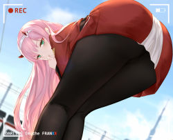 Rule 34 | 10s, 1girl, arm at side, ass, back, bent over, blue eyes, blue sky, blunt bangs, breasts, brown pantyhose, cangkong, closed mouth, cloud, cloudy sky, copyright name, darling in the franxx, day, feet out of frame, from behind, hairband, half-closed eyes, hand to own mouth, hand up, highres, horns, long hair, long sleeves, looking at viewer, looking back, military, military uniform, outdoors, pantyhose, pink hair, recording, sky, solo, uniform, very long hair, viewfinder, white hairband, zero two (darling in the franxx)