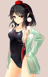 Rule 34 | 1girl, black hair, black one-piece swimsuit, brand name imitation, breasts, competition swimsuit, grey background, hand on own hip, hat, highres, hood, hooded jacket, hoodie, jacket, looking at viewer, medium breasts, nama shirasu, one-piece swimsuit, pointy ears, pom pom (clothes), red eyes, shameimaru aya, short hair, simple background, solo, swimsuit, thighs, tokin hat, touhou