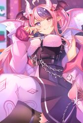 Rule 34 | absurdres, black skirt, black thighhighs, blush, breasts, cropped jacket, demon girl, demon horns, demon wings, fang, hair ornament, head wings, heart, heart hair ornament, heterochromia, highres, horns, ironmouse, ironmouse (13th costume), jacket, large breasts, long hair, looking at viewer, multicolored hair, multiple wings, nail polish, pantyhose, pink hair, pink jacket, pink shirt, pointy ears, purple eyes, purple hair, red eyes, red nails, shirt, skin fang, skirt, smile, streaked hair, thighhighs, tongue, tongue out, twintails, virtual youtuber, vshojo, white pantyhose, wings, zacky