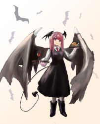 Rule 34 | 1girl, absurdres, animal, bat wings, black wings, cup, demon tail, drinking glass, head wings, henginnnnnn, highres, koakuma, long hair, looking at viewer, necktie, red eyes, red hair, shirt, simple background, tail, touhou, vest, white background, wine glass, wings