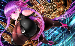 Rule 34 | 10s, 1girl, bare shoulders, breasts, cleavage, collar, curvy, fate/extra, fate/extra ccc, fate (series), female focus, gauntlets, hair ornament, hair ribbon, highres, huge breasts, long hair, looking at viewer, naglfar, naglfar sakura, o-ring, pantyhose, passionlip (fate), perky breasts, purple eyes, purple hair, ribbon, shoes, solo, standing, very long hair, weapon