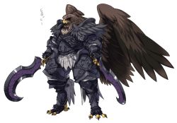 Rule 34 | armor, bird, dual wielding, eagle, fantasy, holding, monster, nezunezu, no humans, serious, simple background, standing, sword, weapon, wings