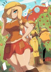 Rule 34 | !, 2girls, absurdres, apple, blonde hair, blue eyes, boots, braid, breasts, brown footwear, brown gloves, bush, cleavage, closed eyes, cloud, collarbone, corn, corny (tony welt), farmer, food, food-themed clothes, fruit, gloves, grin, hair over one eye, hand on own hip, hat, heart, highres, hose, house, knee boots, large breasts, long hair, looking at viewer, luma (mario), mario (series), multiple girls, nintendo, orange shirt, original, overalls, own hands together, patch, personification, pinwheel, rainbow, red hair, red skirt, rosalina, shirt, short sleeves, side braid, skirt, sky, smile, sparkle, speech bubble, spoken heart, spraying, standing, straw hat, super mario galaxy, teeth, tony welt, yellow hat, yellow overalls
