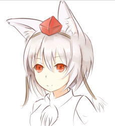 Rule 34 | 1girl, animal ears, bad id, bad pixiv id, bare shoulders, hat, inubashiri momiji, light smile, looking up, pom pom (clothes), red eyes, short hair, silver hair, solo, tokin hat, touhou, upper body, wolf ears, xi tian zhi yin