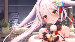 Rule 34 | 1girl, :o, absurdres, bare shoulders, blush, cup, flower, hair between eyes, hair flower, hair intakes, hair ornament, hair wings, head tilt, highres, holding, holding cup, inaka 44, incoming drink, indie virtual youtuber, kanzashi, long hair, nonomiya non, parted lips, red eyes, silver hair, solo, upper body, virtual youtuber