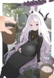 Rule 34 | 1boy, 1girl, black shirt, blue archive, cup, demon horns, feet out of frame, hair ornament, hairpin, halo, highres, hina (blue archive), holding, holding cup, holding stomach, horns, jewelry, long hair, mug, necklace, parted bangs, pregnant, purple eyes, ring, shiomiya iruka, shirt, sitting, unmoving pattern, white hair