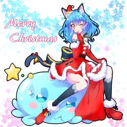Rule 34 | 1girl, :3, ;), animal ears, back bow, bare shoulders, black socks, blue eyes, blue hair, blush, blush stickers, boots, bow, cat ears, cat girl, cat tail, christmas, commentary request, dress, elbow gloves, fur trim, gloves, hair down, hat, highres, kneehighs, kyoutsuugengo, looking at viewer, merry christmas, mini hat, mini santa hat, one eye closed, pointy ears, pout, precure, prunce (precure), red dress, red footwear, red gloves, sack, santa boots, santa costume, santa hat, sitting, sitting on person, sleeveless, sleeveless dress, smile, socks, star (symbol), star twinkle precure, starry background, sweatdrop, tail, yellow eyes, yuni (precure)