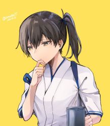 Rule 34 | 1girl, black hair, closed mouth, commentary request, cup, dated, hair between eyes, hand on own chin, holding, holding cup, japanese clothes, kaga (kancolle), kantai collection, mug, ponytail, samonasu17, side ponytail, simple background, solo, tasuki, twitter username, upper body, yellow background