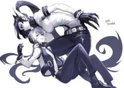 Rule 34 | 1boy, 1girl, age difference, animal ears, bandages, bandaged arm, bandages, belt, bracelet, closed mouth, dated, denim, earrings, covered erect nipples, fang, fumiko (throughx2), gloves, greyscale, jeans, jewelry, long hair, monochrome, necktie, original, pants, parted lips, ponytail, purple theme, simple background, smile, socks, spiked bracelet, spikes, tight clothes, very long hair, white background, zipper, zipper pull tab