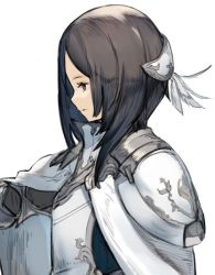 Rule 34 | 1girl, armor, brown hair, cape, commentary request, grey cape, hair ornament, km yama, knight, long hair, lowres, multicolored clothes, original, pauldrons, profile, shoulder armor, solo, white background