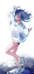 Rule 34 | 1girl, arm up, bare legs, blue hair, blue shorts, blush, breasts, cleavage, closed mouth, collarbone, commentary, floating hair, full body, gradient hair, highres, large breasts, light blue hair, long sleeves, medium breasts, medium hair, multicolored hair, nazmocha, one eye closed, original, pink eyes, pink socks, puddle, puffy sleeves, shorts, simple background, smile, socks, solo, standing, sweater, twitter username, white background, white footwear, white sweater