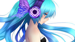 Rule 34 | 1girl, blue eyes, blue hair, daburu, from side, hair between eyes, hatsune miku, headphones, highres, long hair, looking at viewer, magnet (vocaloid), matching hair/eyes, portrait, simple background, solo, strapless, vocaloid, white background