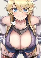 Rule 34 | 10s, 1girl, :&gt;, absurdres, bare shoulders, bent over, blonde hair, blue eyes, blush, breasts, cleavage, gloves, highres, huge breasts, iowa (kancolle), kantai collection, large breasts, leaning forward, long hair, looking at viewer, okitsugu, smile, solo, star-shaped pupils, star (symbol), symbol-shaped pupils
