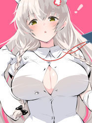 Rule 34 | !, 1girl, :o, azur lane, black bow, bow, braid, breasts, buttons, center opening, cleavage, elbow gloves, gloves, hair bow, hair ornament, hat, hermione (azur lane), hermione (pure white angel) (azur lane), id card, large breasts, long hair, nurse, nurse cap, open mouth, partially unbuttoned, short sleeves, silver hair, solo, twin braids, very long hair, white gloves, yellow eyes, youhei 64d