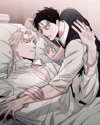 Rule 34 | 2boys, bed, black eyes, black hair, black jacket, blonde hair, caesar alexandrovich sergeyev, closed eyes, closed mouth, jacket, jung lee won, long hair, looking at another, lying, multiple boys, roses and champagne, shirt, white shirt, yaoi