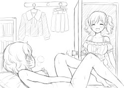 Rule 34 | 2girls, :d, akari (princess connect!), akari (real) (princess connect!), blush, book, book stack, breasts, caught, clothes hanger, covering nipples, covering privates, female masturbation, greyscale, heavy breathing, highres, large breasts, long sleeves, looking at another, masturbation, monochrome, multiple girls, open mouth, princess connect!, school uniform, serafuku, short hair, siblings, sisters, skirt, smile, surprised, twins, twintails, twitching, very short hair, walk-in, yori (princess connect!), yori (real) (princess connect!), yue (show-ei)