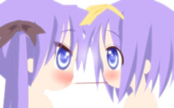 Rule 34 | 00s, 2girls, blue eyes, blush, bow, eye contact, food, from side, hair bow, hair ribbon, hairband, hiiragi kagami, hiiragi tsukasa, long hair, looking at another, lucky star, multiple girls, pocky, pocky kiss, profile, purple hair, ribbon, shared food, short hair, siblings, simple background, sisters, tsurime, twins, twintails, white background, yuri