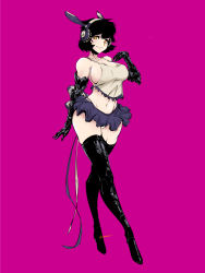 Rule 34 | 1girl, andyface, black footwear, black hair, boots, bow, breasts, commentary, crop top, cyborg, english commentary, highres, large breasts, long legs, looking at viewer, mechanical arms, mechanical hands, mechanical parts, miniskirt, navel, no bra, orange eyes, original, panties, pantyshot, pink background, prosthesis, purple skirt, rabbit (andyface), revealing clothes, ribbon, sideboob, skindentation, skirt, smile, solo, spaghetti strap, thigh boots, thighhighs, thighs, tiptoes, toned, underwear, white panties, wireless