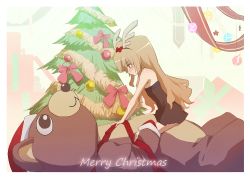 Rule 34 | 1girl, aisaka taiga, animal costume, antlers, arm support, armpit crease, bare shoulders, bear costume, black dress, black hairband, blush, border, bow, brown eyes, christmas, christmas ornaments, christmas tree, closed mouth, dress, fake antlers, fran (yuliwei2012), gift, hair between eyes, hair bow, hair ornament, hairband, hat, horns, light brown hair, long hair, looking at another, lying, on back, red bow, red ribbon, reindeer antlers, ribbon, santa hat, short dress, sidelocks, sitting, sitting on person, smile, solo focus, strapless, strapless dress, toradora!, very long hair, white border