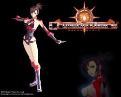 Rule 34 | 00s, 1girl, 3d, asuka (crimson tears), belt, boots, breasts, brown eyes, brown hair, capcom, copyright notice, crimson tears, dual wielding, female focus, fingerless gloves, full body, gloves, holding, holding knife, knife, leotard, light smile, looking at viewer, short hair, sideboob, spike (company), title, wallpaper, weapon