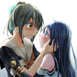 Rule 34 | 10s, 2girls, bare shoulders, blue eyes, blue hair, blush, bow, elbow gloves, eye contact, gloves, hair bow, hand on another&#039;s face, kantai collection, long hair, looking at another, multiple girls, pantyhose, pleated skirt, ponytail, samidare (kancolle), school uniform, serafuku, short sleeves, skirt, sleeveless, sora (sky s04), sweat, upper body, very long hair, wavy mouth, yuri, yuubari (kancolle)