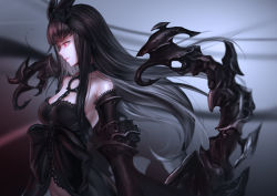 Rule 34 | 10s, 1girl, abyssal ship, black bow, black hair, bow, breasts, chain, choker, female focus, glowing, glowing eyes, gothic lolita, grey background, hair bow, kantai collection, large breasts, lolita fashion, long hair, profile, red eyes, seaplane tender princess, solo, sturmjaeger (daybreaks0), upper body, very long hair