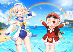 Rule 34 | 2girls, ;d, absurdres, ahoge, backpack, bag, bag charm, barbara (genshin impact), barbara (summertime sparkle) (genshin impact), beach, blonde hair, bloomers, blue eyes, blue one-piece swimsuit, blue sky, blurry, blush, brown scarf, cabbie hat, charm (object), choker, cloud, cloudy sky, clover print, coat, collarbone, commentary request, depth of field, detached sleeves, dodoco (genshin impact), drill hair, genshin impact, hair between eyes, handbag, hat, hat feather, hat ornament, highres, horizon, klee (genshin impact), light brown hair, long hair, long sleeves, looking at viewer, multiple girls, ocean, one-piece swimsuit, one eye closed, open mouth, orange eyes, outstretched arms, pocket, rainbow, randoseru, red coat, red headwear, sailor collar, scarf, sidelocks, sky, smile, spread arms, swimsuit, translation request, twin drills, twintails, underwear, w-verne, water drop