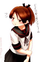 Rule 34 | 1girl, black sailor collar, black skirt, brown eyes, brown hair, commentary request, holding own arm, kantai collection, looking back, one-hour drawing challenge, pleated skirt, ponytail, pout, ray.s, sailor collar, sailor shirt, school uniform, serafuku, shikinami (kancolle), shikinami kai ni (kancolle), shirt, short hair, short sleeves, simple background, skirt, solo, translation request, white background, white shirt