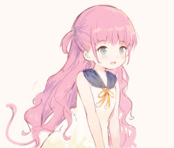 Rule 34 | 1girl, bare arms, bare shoulders, black sailor collar, blue eyes, blush, brown background, brown ribbon, dress, fang, highres, katou umi, leilin, long hair, looking at viewer, neck ribbon, one side up, open mouth, pink hair, ribbon, sailor collar, sailor dress, simple background, sleeveless, sleeveless dress, solo, summer pockets, very long hair, white dress