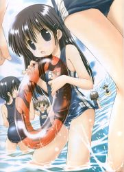 Rule 34 | 6+girls, armpits, beach, black hair, blue one-piece swimsuit, brown hair, character name, child, cowboy shot, day, from side, hair between eyes, holding, holding swim ring, innertube, jpeg artifacts, legs apart, mima chi, multiple girls, name tag, ocean, one-piece swimsuit, open mouth, original, outdoors, school swimsuit, sky, standing, sweatdrop, swim ring, swimsuit, thighs, wading, water, waves, wide-eyed