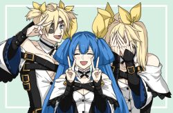 Rule 34 | 1girl, 2boys, bare shoulders, belt, blue eyes, blue hair, blush, closed eyes, cosplay, dizzy (guilty gear), dizzy (guilty gear) (cosplay), ebi pri shrimp, embarrassed, eyepatch, family, father and son, guilty gear, guilty gear xrd, hair ribbon, highres, husband and wife, ky kiske, mother and son, multiple boys, open mouth, ribbon, sin kiske, smile, twintails, v, yellow ribbon