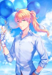 Rule 34 | 1boy, ahoge, balloon, blonde hair, blue sky, brown pants, collarbone, day, dress shirt, fate/grand order, fate (series), floating hair, gloves, green eyes, hair between eyes, hand in pocket, holding, long hair, long sleeves, male focus, outdoors, pants, ponytail, rapueru, romani archaman, shirt, sky, smile, solo, standing, upper body, white gloves, white shirt