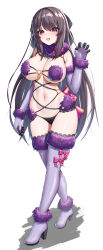 Rule 34 | 1girl, :d, absurdres, ao no kanata no four rhythm, arm at side, armpit crease, bare shoulders, black hair, black panties, black ribbon, blush, bow, breasts, bright pupils, claw pose, cleavage, commentary request, commission, cosplay, curvy, elbow gloves, eyelashes, eyes visible through hair, fang, fate/grand order, fate (series), full body, fur-trimmed gloves, fur-trimmed thighhighs, fur trim, gloves, hair between eyes, hair ribbon, hand up, happy, high heels, highres, large breasts, legs, long hair, looking at viewer, mash kyrielight, mash kyrielight (dangerous beast), mash kyrielight (dangerous beast) (cosplay), midriff, navel, o-ring, okayusonmu, open mouth, panties, pink bow, purple eyes, purple gloves, purple thighhighs, ribbon, shiny skin, sidelocks, simple background, skeb commission, skin fang, smile, solo, standing, stomach, straight hair, thighhighs, thighs, tobisawa misaki, tsurime, underwear, very long hair, white background