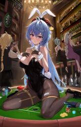 Rule 34 | 2boys, 4girls, absurdres, aether (genshin impact), ahoge, animal ears, ass, barcode, bare shoulders, bartender, bell, between fingers, black dress, black footwear, black gloves, black leotard, blonde hair, blue hair, bottle, bracelet, braid, breasts, brown pantyhose, card, chandelier, cocktail, cocktail shaker, coin, commentary, counter, covered navel, dartboard, detached collar, dress, ear tag, eula (genshin impact), evening gown, facing away, feet out of frame, fingerless gloves, full body, ganyu (genshin impact), genshin impact, gloves, goat horns, hair ornament, hair stick, hands on own chest, high heels, highres, holding, horns, jewelry, kaeya (genshin impact), large breasts, leotard, light blue hair, long hair, looking at viewer, low-braided long hair, low-tied long hair, low ponytail, mora (genshin impact), mouse tail, multiple boys, multiple girls, neck bell, pantyhose, playboy bunny, poker chip, purple dress, purple eyes, rabbit ears, rabbit tail, ringofuze, shelf, shenhe (genshin impact), shoes, sidelocks, sitting, solo focus, spiked bracelet, spikes, stool, tail, tassel, thighlet, very long hair, vision (genshin impact), wariza, white hair, wrist cuffs, yelan (genshin impact)