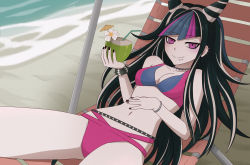 Rule 34 | 1girl, absurdres, arm up, barbed wire, beach, beach chair, beach umbrella, belt, bikini, black hair, black nail polish, black nails, blue bikini, blue hair, blush, breasts, cleavage, coconut, collarbone, cup, daisy, danganronpa (series), danganronpa 2: goodbye despair, danganronpa s: ultimate summer camp, drinking glass, drinking straw, ear piercing, eyebrows, feet out of frame, fingernails, flower, full body, hair horns, hair tie, hand on stomach, hand up, highres, holding, holding cup, jewelry, lip piercing, long eyelashes, long hair, looking at viewer, mioda ibuki, multicolored bikini, multicolored bikini top, multicolored clothes, multicolored hair, nail polish, navel, necklace, ocean, on chair, piercing, pink bikini, pink chair, pink eyes, pink hair, sitting, smile, studded belt, swimsuit, thighhighs, thighs, umbrella, white hair, wristband