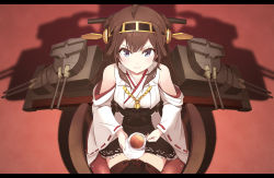 Rule 34 | 10s, 1girl, ahoge, bad id, bad pixiv id, bare shoulders, blue eyes, brown hair, brown skirt, brown thighhighs, chair, cup, detached sleeves, double bun, hair bun, hairband, headgear, highres, kantai collection, kongou (kancolle), letterboxed, looking at viewer, looking up, machinery, nontraditional miko, pemu, pomon illust, ribbon-trimmed skirt, ribbon-trimmed sleeves, ribbon trim, sitting, skirt, smile, solo, teacup, thighhighs, yasai (osushi kappamaki)