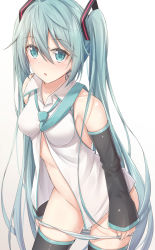 Rule 34 | 1girl, akira (been0328), aqua eyes, aqua hair, bad id, bad pixiv id, cowboy shot, detached sleeves, hair between eyes, hatsune miku, highres, long hair, looking at viewer, necktie, no pants, open clothes, open shirt, panties, panty pull, simple background, solo, striped clothes, striped panties, thighhighs, twintails, underwear, very long hair, vocaloid, white background
