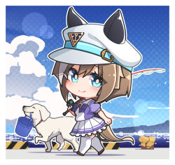 Rule 34 | 1girl, animal ears, blue eyes, blue sky, bright pupils, brown footwear, bucket, cheval grand (umamusume), chibi, cloud, commentary, commission, day, dog, fishing rod, from side, full body, hat, holding, holding bucket, holding fishing rod, horse ears, horse girl, horse tail, horseshoe ornament, light brown hair, looking at viewer, medium hair, mouth hold, multicolored hair, no nose, outdoors, puffy short sleeves, puffy sleeves, purple shirt, school uniform, shirt, short sleeves, skeb commission, skirt, sky, standing, streaked hair, tail, thighhighs, tracen school uniform, umamusume, walking, warashi, white headwear, white shirt, white skirt, white thighhighs