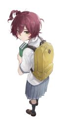 1girl absurdres backpack bag black_socks book brown_footwear collared_shirt crossed_bangs foreshortening full_body grey_skirt hair_between_eyes highres holding holding_book komari_chika loafers looking_at_viewer looking_back make_heroine_ga_oo_sugiru! megu_(pixiv9460065) messy_hair one_side_up pleated_skirt red_hair school_uniform shirt shoes short_hair simple_background skirt socks solo standing summer_uniform white_background white_shirt yellow_eyes