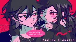 Rule 34 | 1boy, 1girl, absurdres, andrew graves (the coffin of andy and leyley), artist request, ashley graves, black hair, english text, green eyes, highres, looking at another, pink eyes, siblings, the coffin of andy and leyley