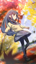 Rule 34 | 1girl, :o, absurdres, autumn leaves, black pantyhose, blue hair, blurry, blurry background, full body, ginkgo leaf, hair down, highres, leaf, loafers, long hair, maple leaf, oekakiism, outdoors, pantyhose, purple eyes, school uniform, shima rin, shoes, solo, standing, standing on one leg, yurucamp
