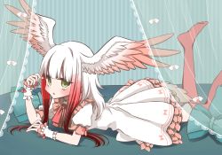Rule 34 | 10s, 1girl, alternate costume, bed, bird tail, bird wings, canopy bed, commentary request, dress, frilled dress, frills, gradient hair, green eyes, head wings, japanese crested ibis (kemono friends), kemono friends, lying, multicolored hair, nail polish, neck ribbon, on bed, on stomach, petit ramune, puffy short sleeves, puffy sleeves, red hair, red nails, ribbon, short sleeves, sidelocks, sleeve cuffs, solo, tail, thighhighs, white hair, wings