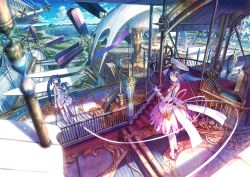 Rule 34 | 3girls, absurdres, aircraft, asymmetrical legwear, belt, blue eyes, blue hair, cloud, cloudy sky, day, fence, fuzichoco, gears, gloves, hat, highres, hourglass, lake, long sleeves, looking at viewer, machinery, military, military uniform, multiple girls, non-web source, original, peaked cap, sky, stairs, standing, steering wheel, telescope, thighhighs, uneven legwear, uniform, white gloves, white legwear