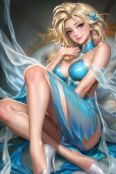 Rule 34 | 1girl, bare shoulders, blonde hair, blue collar, blue dress, blue eyes, blurry, blurry background, collar, couch, detached collar, dress, elsa (frozen), flower, frozen (disney), hair flower, hair ornament, high heels, highres, long hair, neoartcore, on couch, paid reward available, patreon username, pink flower, sitting, snowflake hair ornament, solo, strapless, strapless dress, white footwear