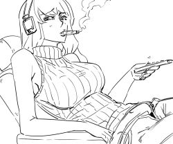 Rule 34 | 1girl, bad id, bare shoulders, bb (baalbuddy), breasts, cigar, controller, greyscale, headphones, inactive account, large breasts, long hair, looking at viewer, megurine luka, monochrome, open fly, raised eyebrow, reclining, remote control, ribbed sweater, sketch, sleeveless, sleeveless turtleneck, smoking, solo, sweater, turtleneck, unzipped, vocaloid