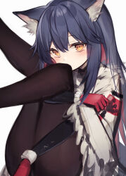 Rule 34 | 1girl, absurdres, animal ear fluff, arknights, black hair, black pantyhose, blush, brown eyes, diieru, feet out of frame, fur-trimmed sleeves, fur trim, gloves, highres, legs up, long sleeves, looking at viewer, official alternate costume, pantyhose, red gloves, simple background, solo, texas (arknights), texas (winter messenger) (arknights), thighs, white background, wide sleeves