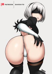 Rule 34 | 1girl, android, anus, anus peek, ass, ass grab, blindfold, breasts, dako (dakosito), deep skin, from behind, gloves, hairband, highres, huge ass, kneeling, large breasts, leotard, looking at viewer, looking back, nier:automata, nier (series), parted lips, shiny skin, short hair, sideboob, solo, thick thighs, thighhighs, thighs, thong, thong leotard, white hair, 2b (nier:automata)