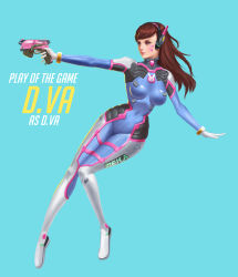 Rule 34 | 1girl, absurdres, acronym, alternate eye color, animal print, armor, blue background, bodysuit, boots, bracer, breasts, brown hair, character name, covered navel, d.va (overwatch), facepaint, facial mark, finger on trigger, full body, gloves, gun, hand up, handgun, headphones, highres, holding, holding gun, holding weapon, legs together, lips, lipstick, long hair, long sleeves, makeup, medium breasts, moetora, overwatch, overwatch 1, parted lips, pauldrons, pilot suit, pink lips, play of the game, purple eyes, rabbit print, ribbed bodysuit, shoulder armor, shoulder pads, simple background, skin tight, smile, solo, swept bangs, thigh boots, thigh strap, thighhighs, turtleneck, weapon, whisker markings, white footwear, white gloves