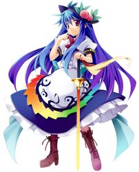 Rule 34 | 1girl, blue hair, boots, cross-laced footwear, female focus, food, fruit, full body, gradient hair, hat, highres, hinanawi tenshi, lace-up boots, long hair, looking at viewer, minase, multicolored hair, peach, purple hair, red eyes, smile, solo, sword, sword of hisou, touhou, transparent background, weapon